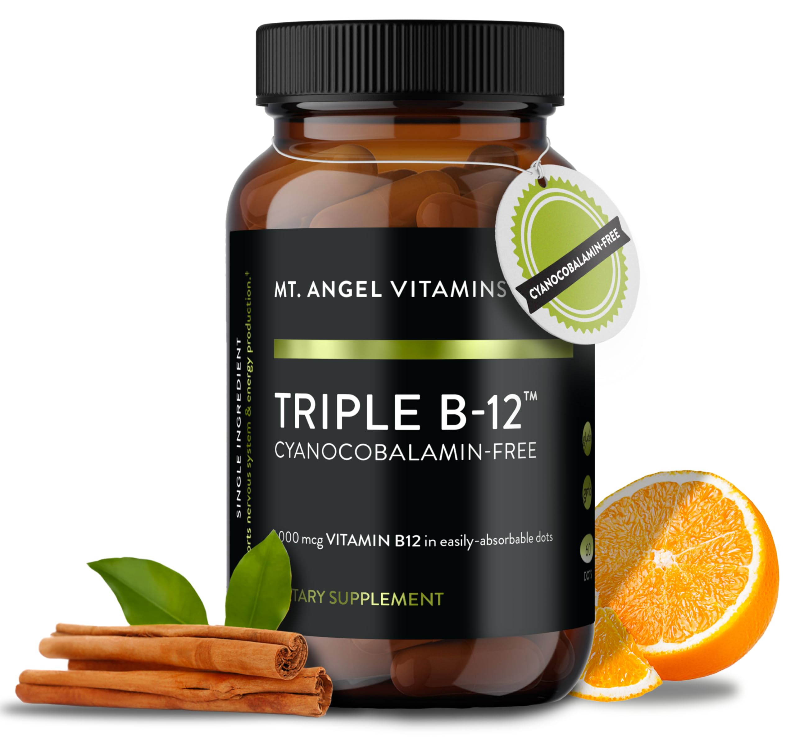 Mt. Angel Vitamins Triple B-12 Dots bottle on white background
