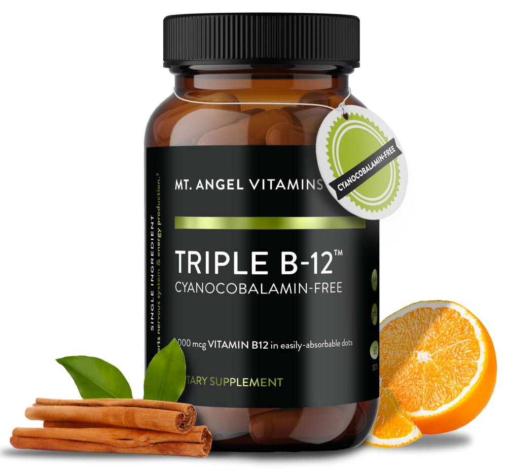 Mt. Angel Vitamins Triple B-12 Dots bottle on white background