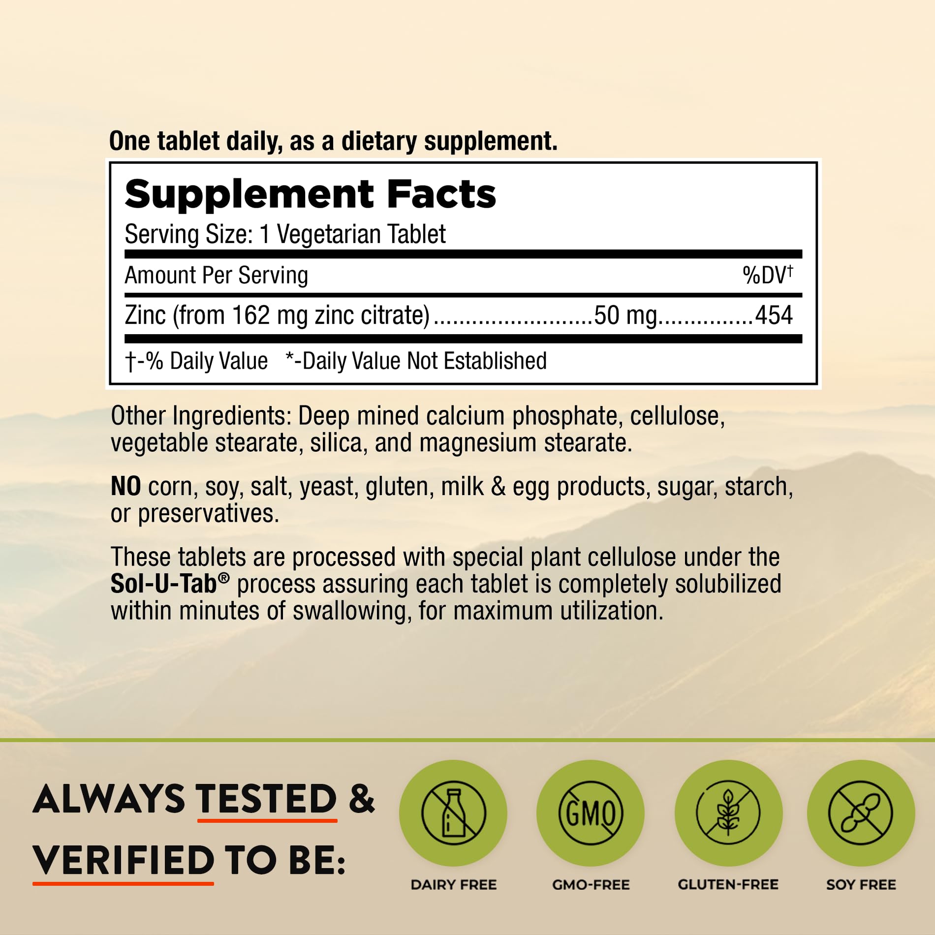 Close-up of Zinc Citrate 50mg vegetarian tablets