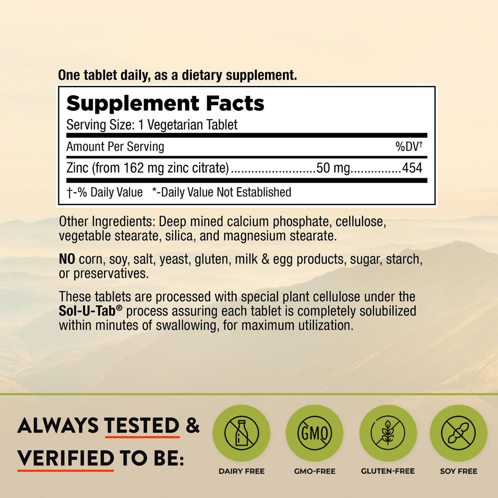 Close-up of Zinc Citrate 50mg vegetarian tablets