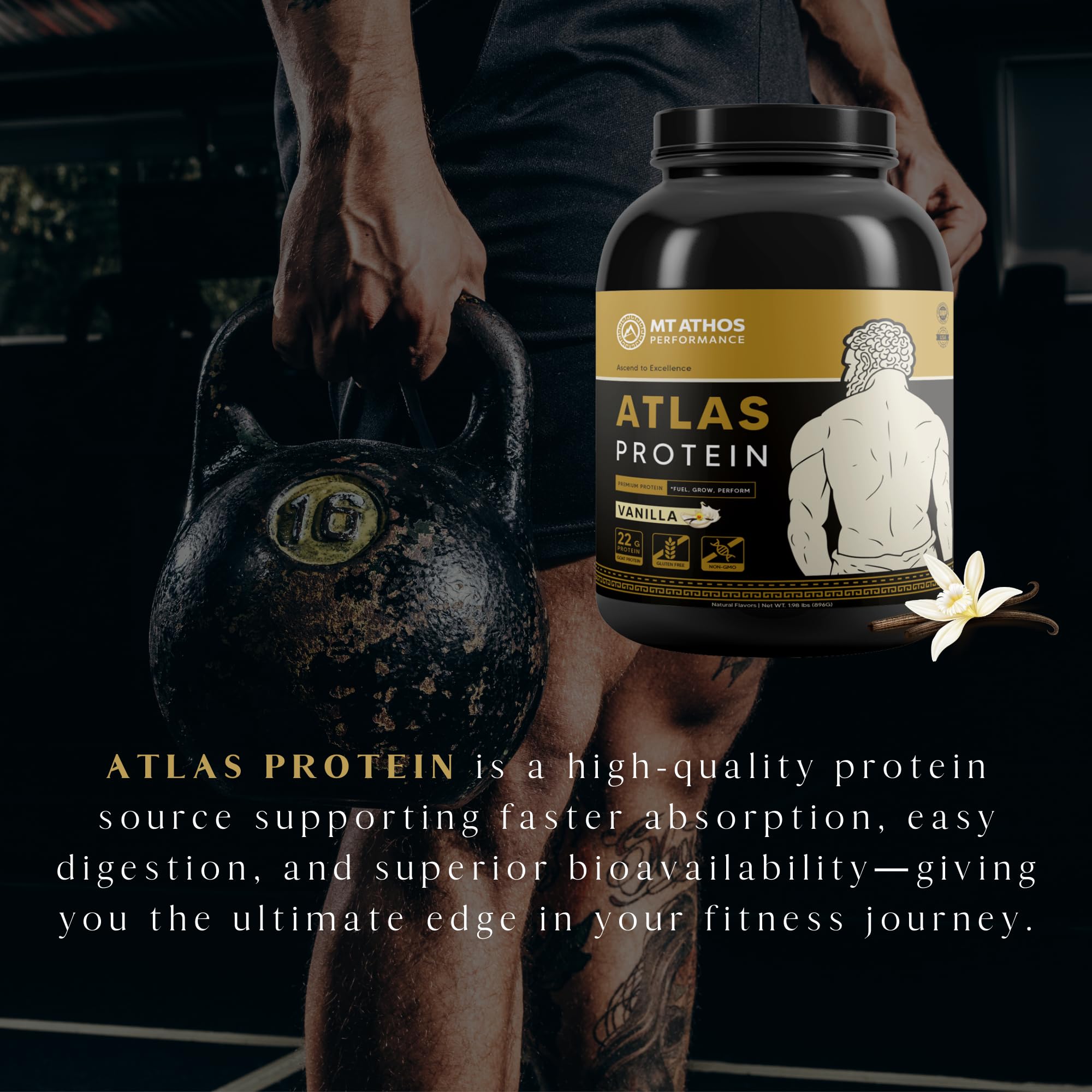 Mt Athos Performance Atlas vanilla bottle in morning routine for steady protein