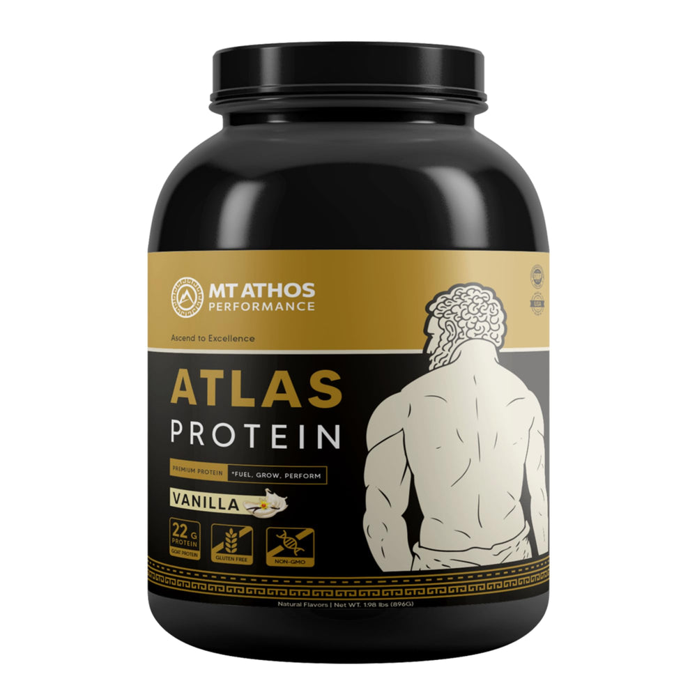 Mt Athos Performance Atlas vanilla tub with goat milk protein blend for clean recovery