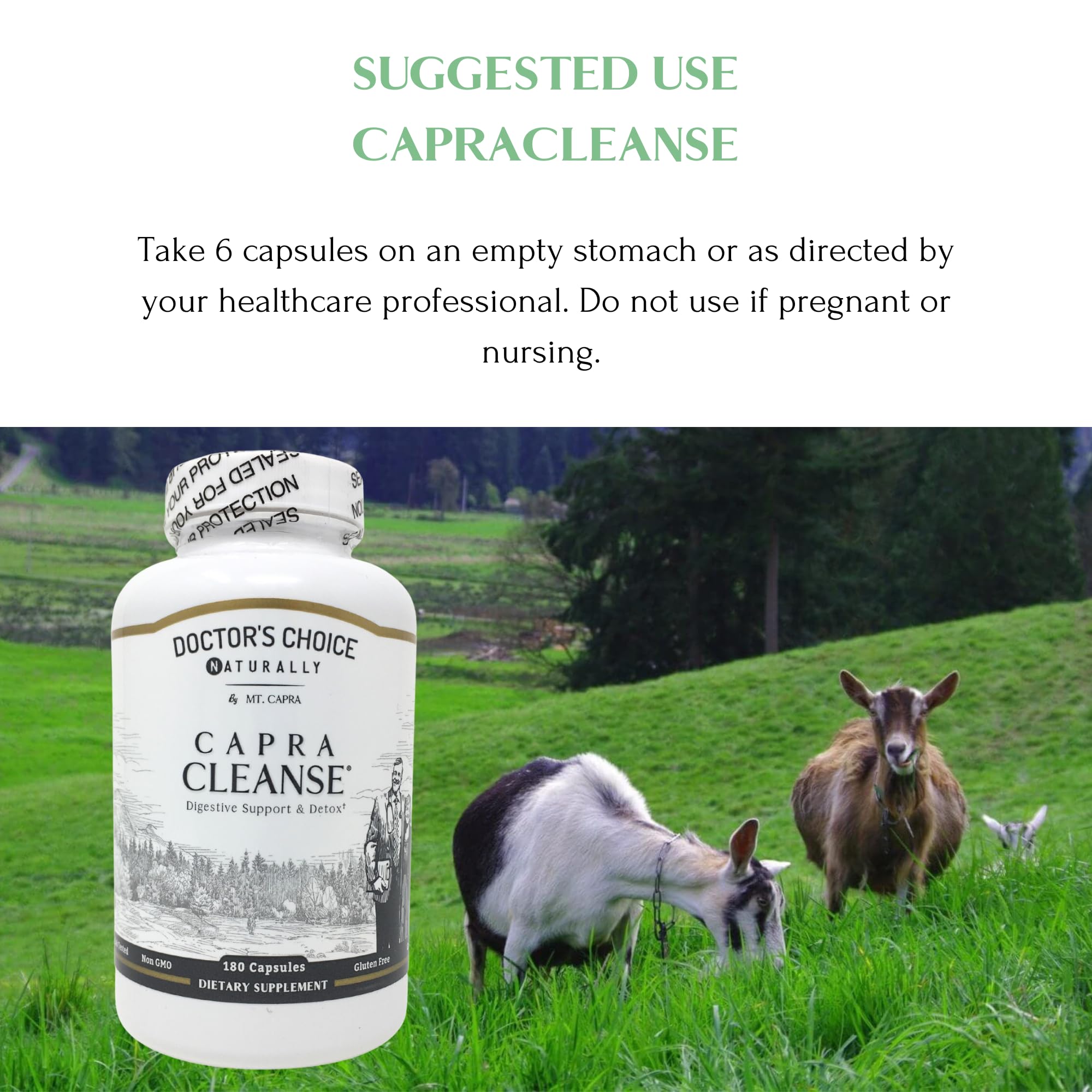 CapraCleanse bottle with glass suggests daily routine and gentle elimination support