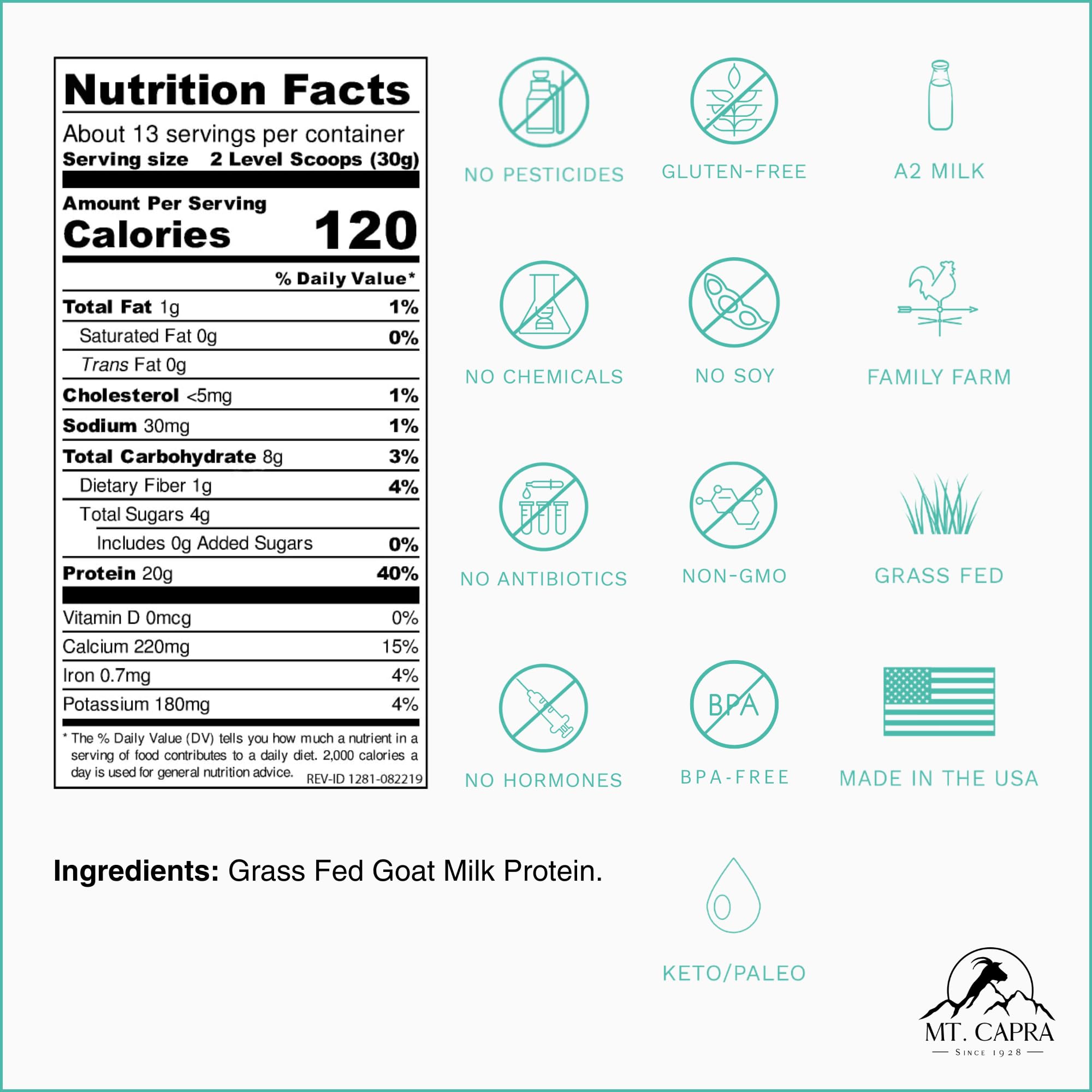 Mt Capra Clean Whole Protein scoop beside smoothie ingredients for breakfast