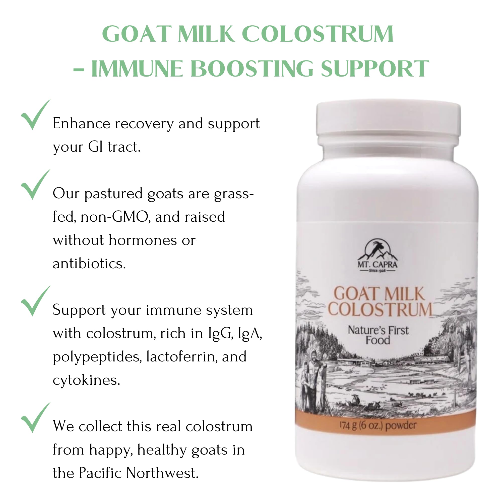 Nutrition facts panel for Mt. Capra Goat Milk Colostrum
