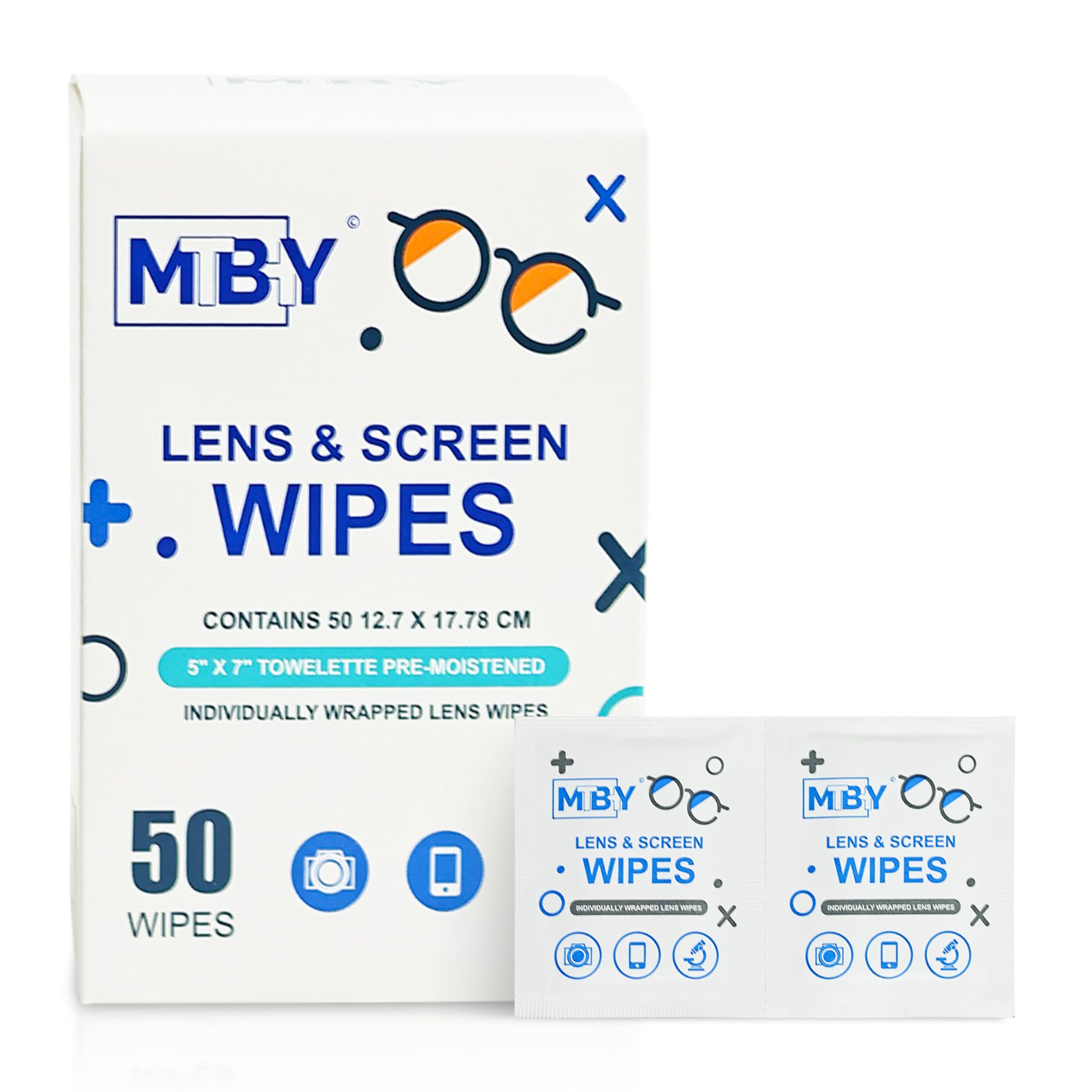 Front view of MTBHY Lens Cleaning Wipes pack with 50 wipes