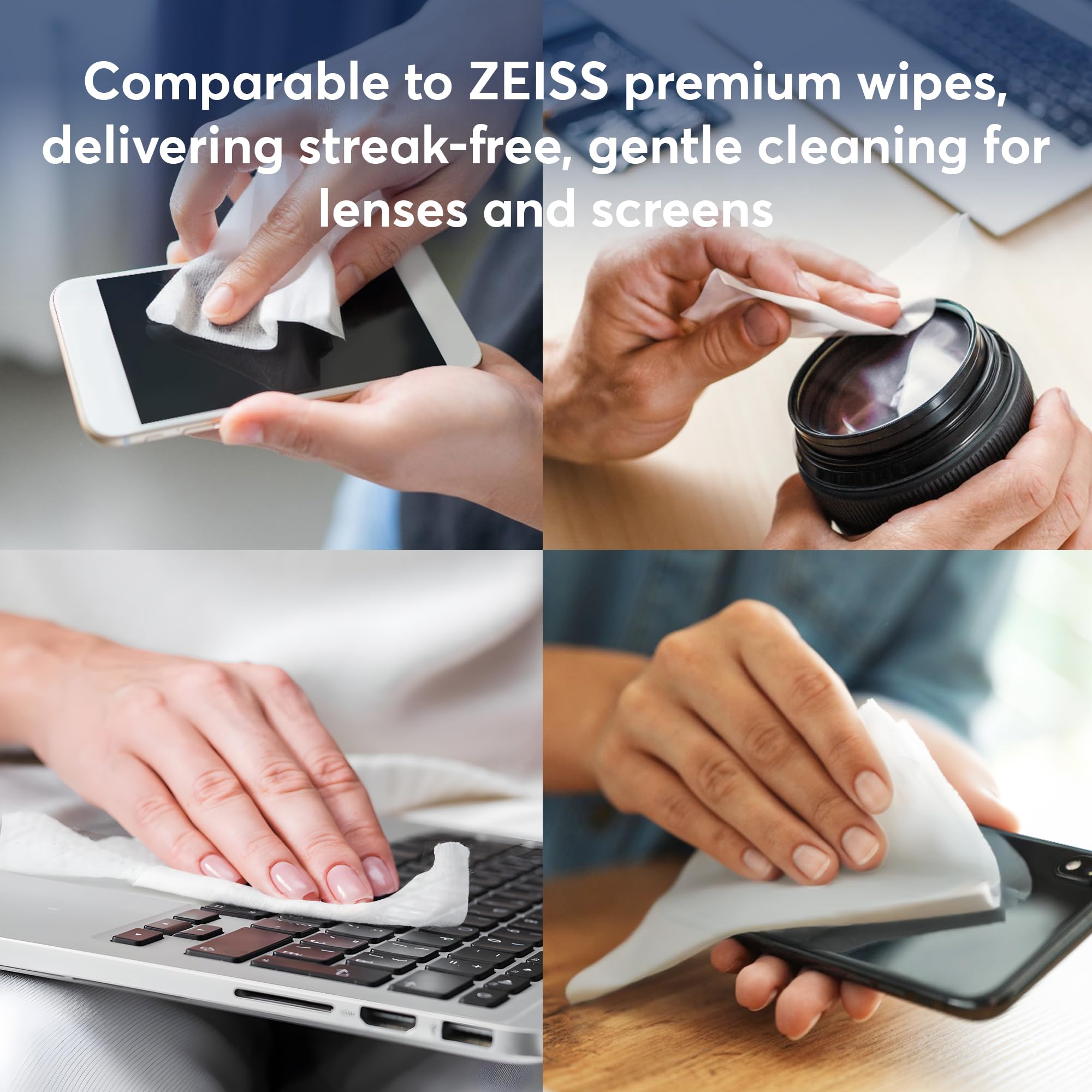 Individually wrapped pre-moistened lens wipes