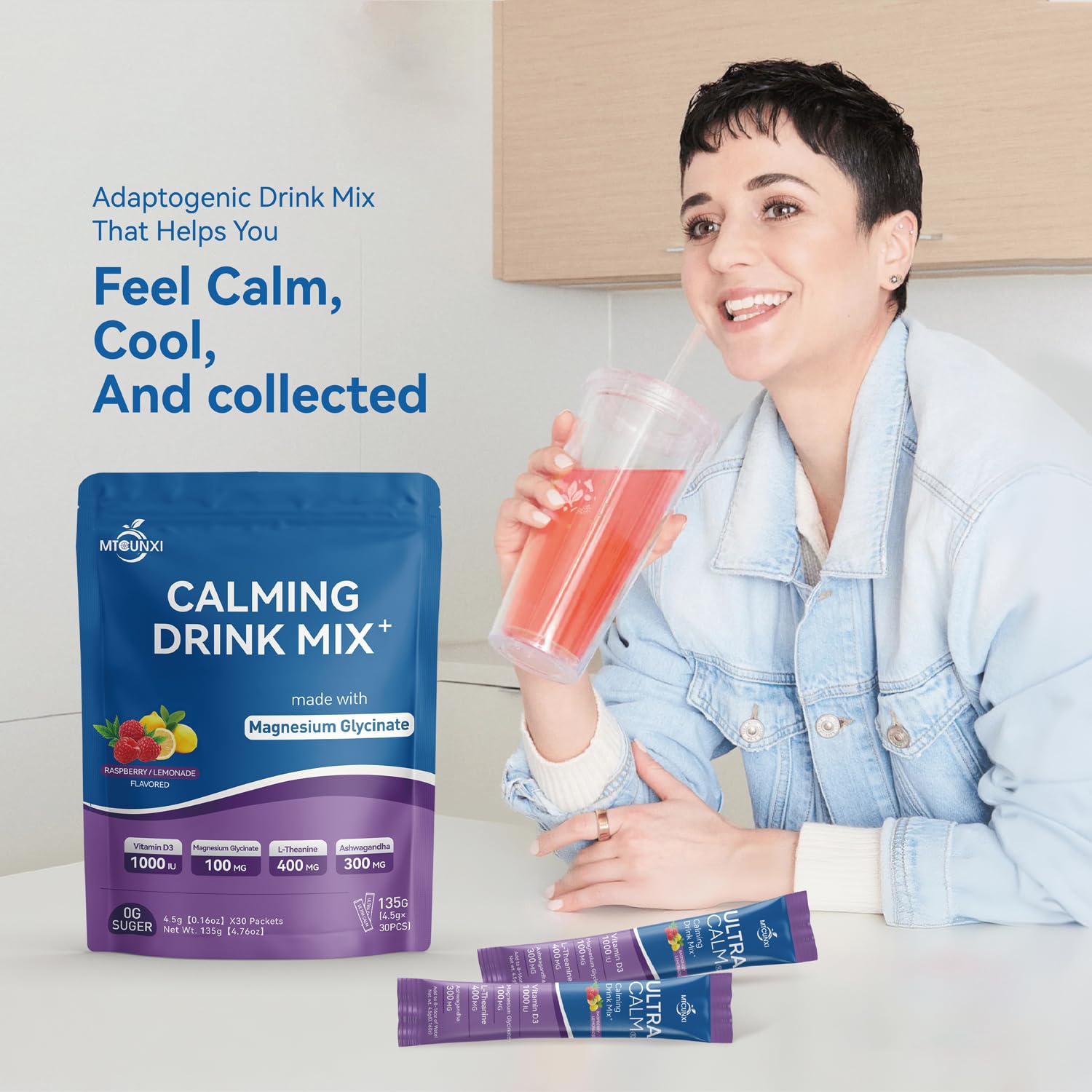 Packaging with serving directions for UltraCalm drink mix