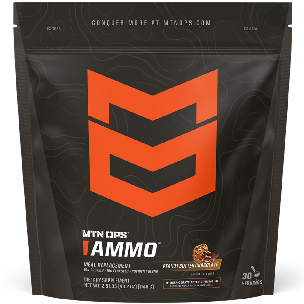MTN OPS Ammo meal replacement tub front shows packaging highlighting 28 servings for lean goals.