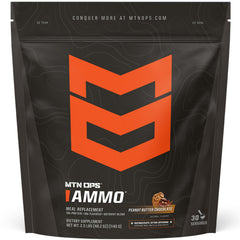 MTN OPS Ammo meal replacement tub front shows packaging highlighting 28 servings for lean goals.