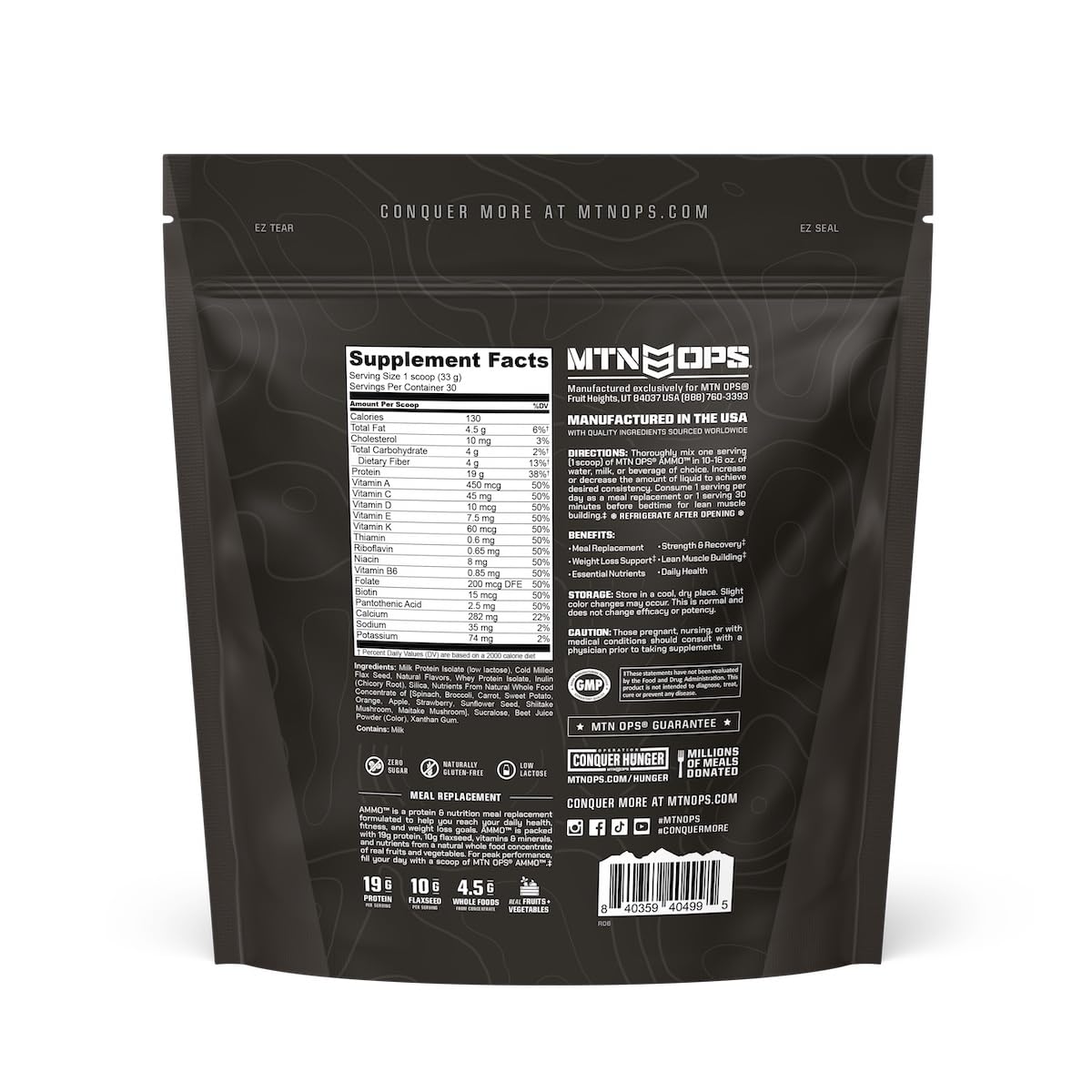 MTN OPS Ammo nutrition facts card presents balanced macros for meals
