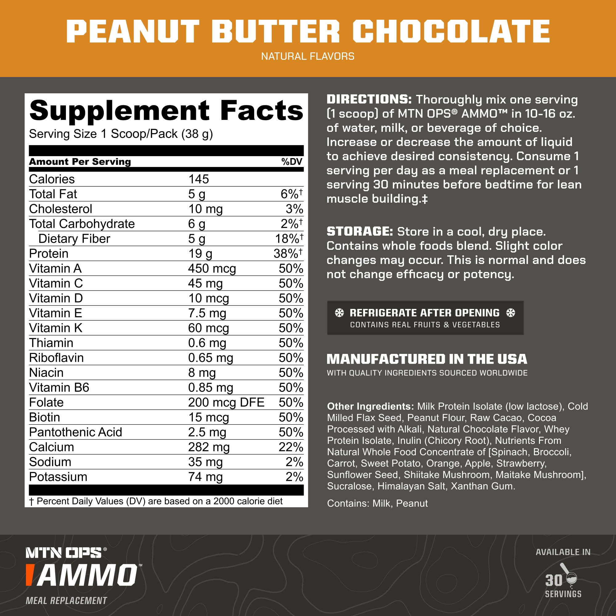 MTN OPS Ammo protein powder tub closeup highlights protein and dairy base.