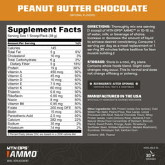MTN OPS Ammo protein powder tub closeup highlights protein and dairy base.