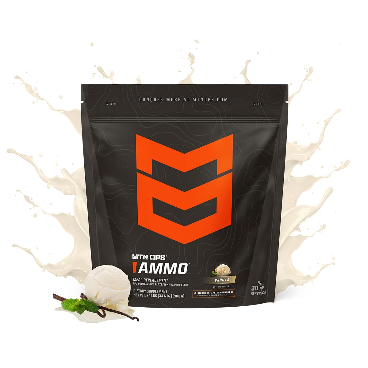 MTN OPS Ammo Vanilla nutrition panel highlights 19 g protein per serving and fiber
