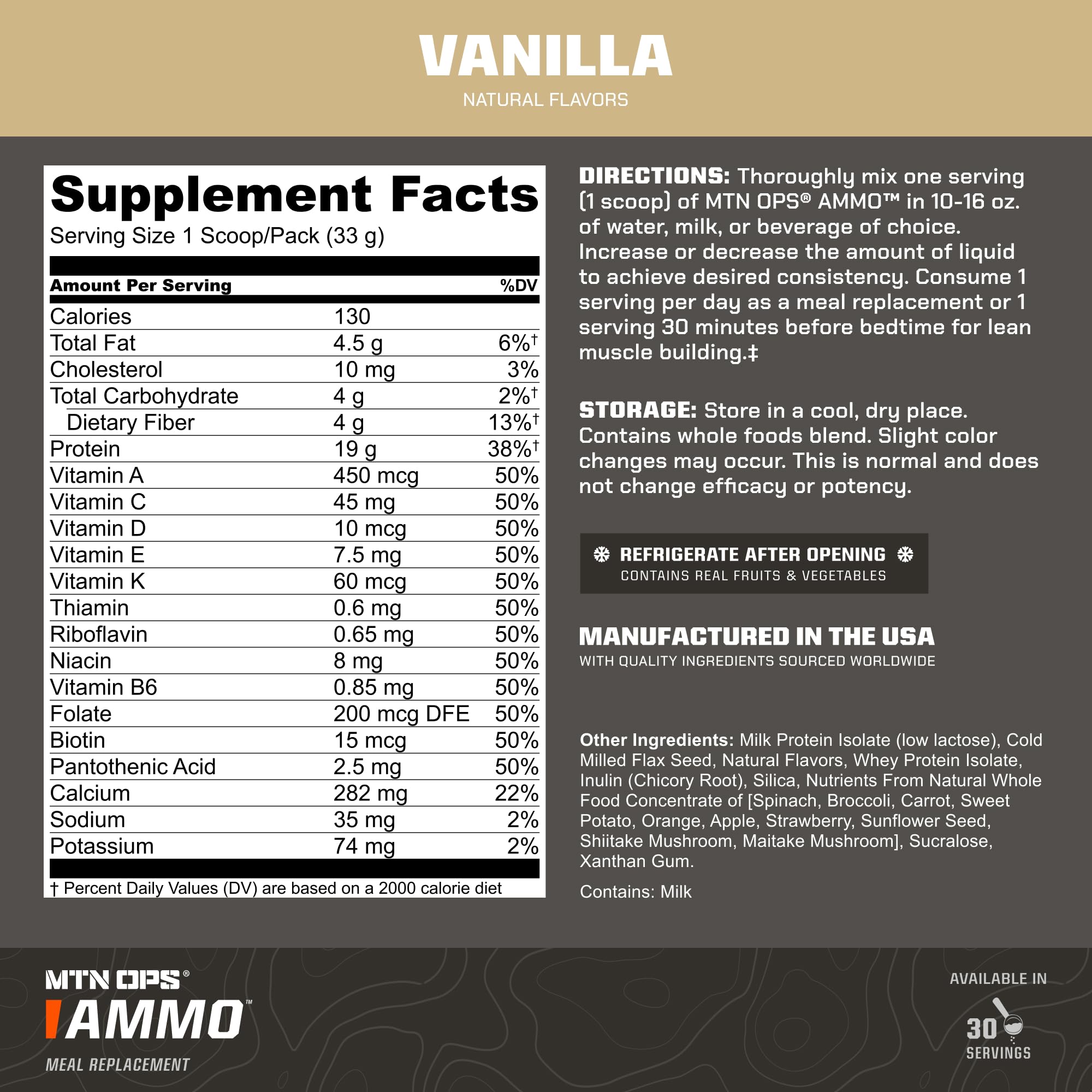 MTN OPS Ammo Vanilla protein serve dissolves smoothly for a satisfying shake