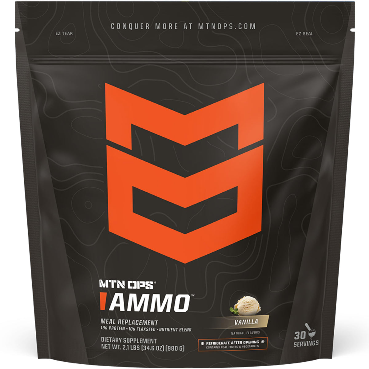 MTN OPS Ammo Vanilla tub front showing high-protein meal replacement for busy athletes