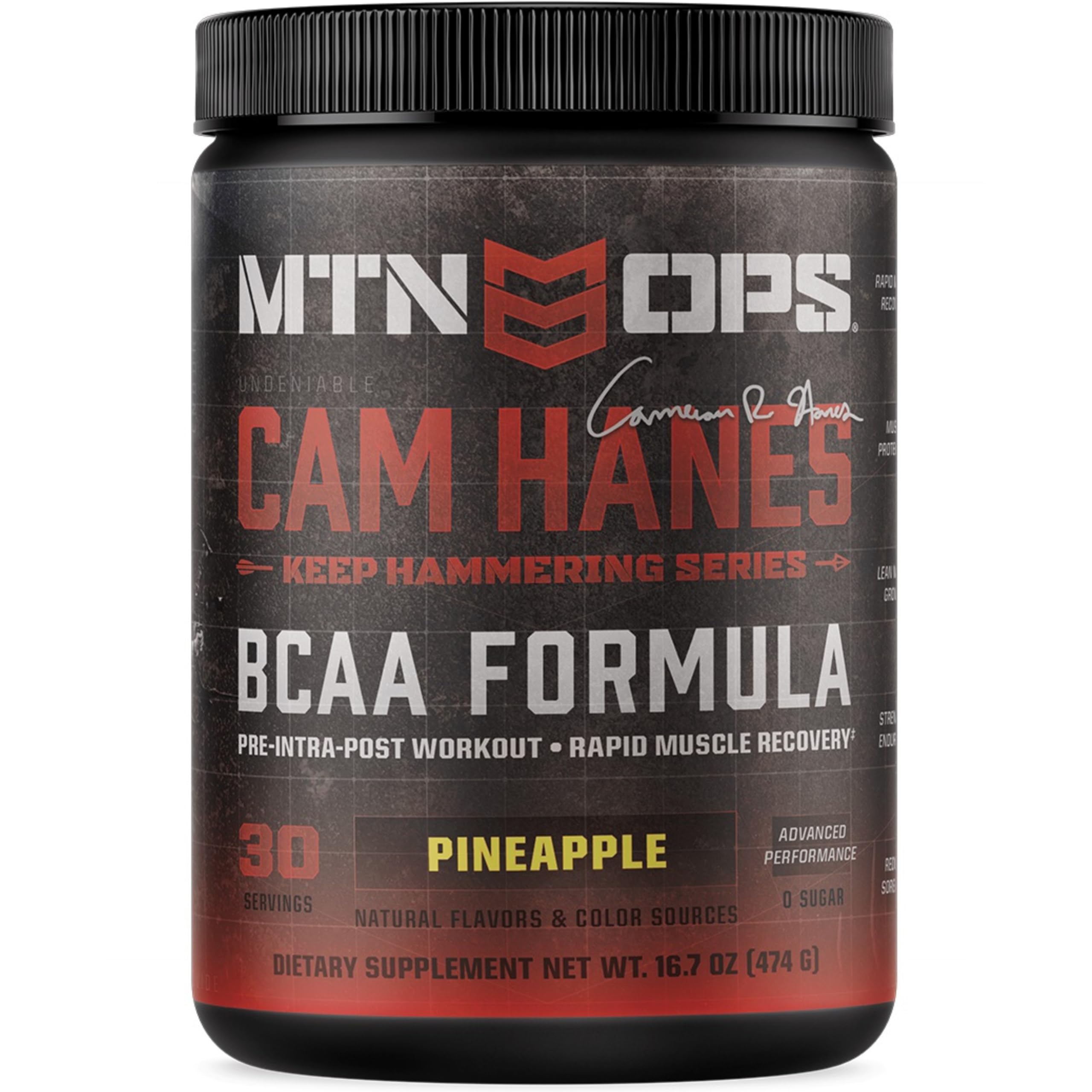 MTN OPS BCAA Powder Pineapple tub showcasing gluten-free, zero-sugar formula for workouts