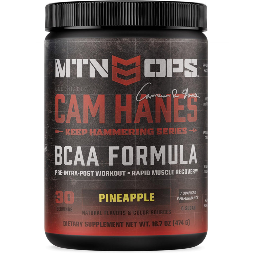 MTN OPS BCAA Powder Pineapple tub showcasing gluten-free, zero-sugar formula for workouts