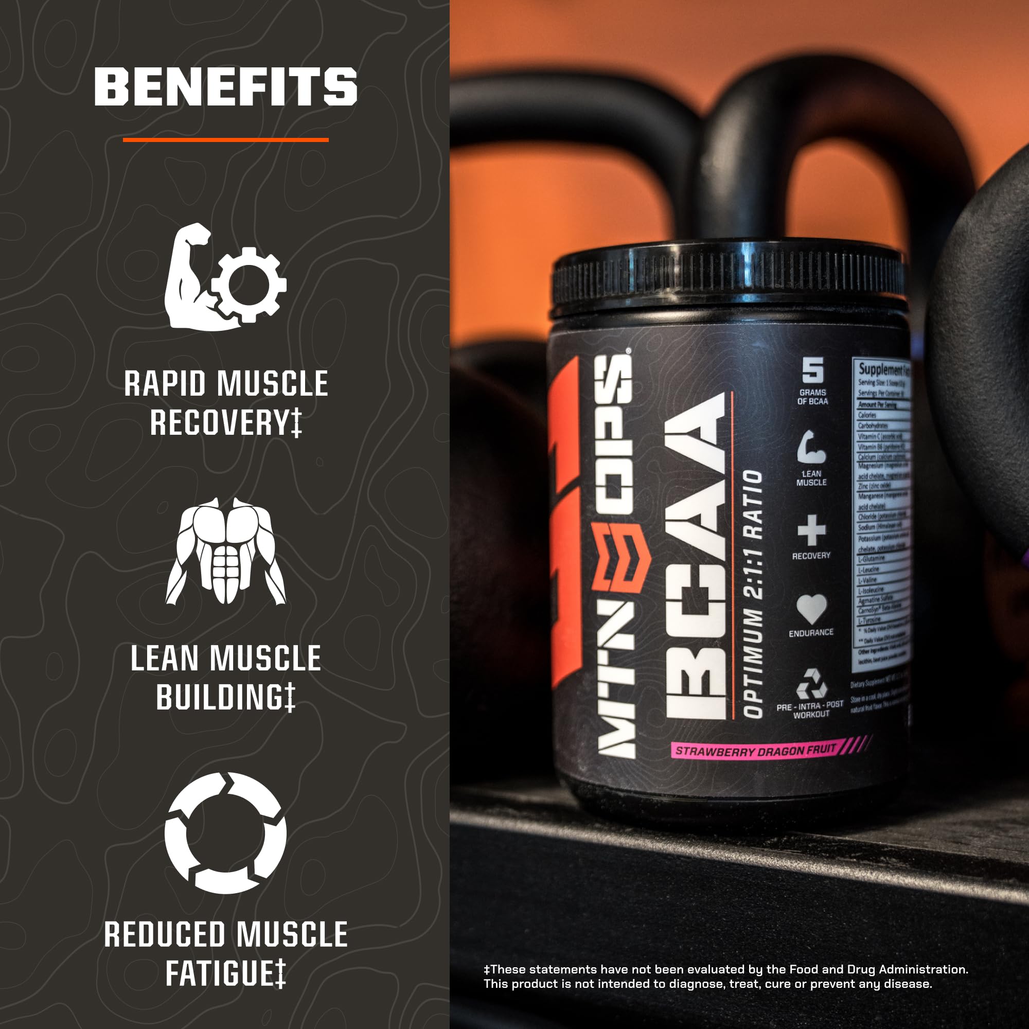 MTN OPS BCAA powder gluten-free label emphasizes gluten-free formulation