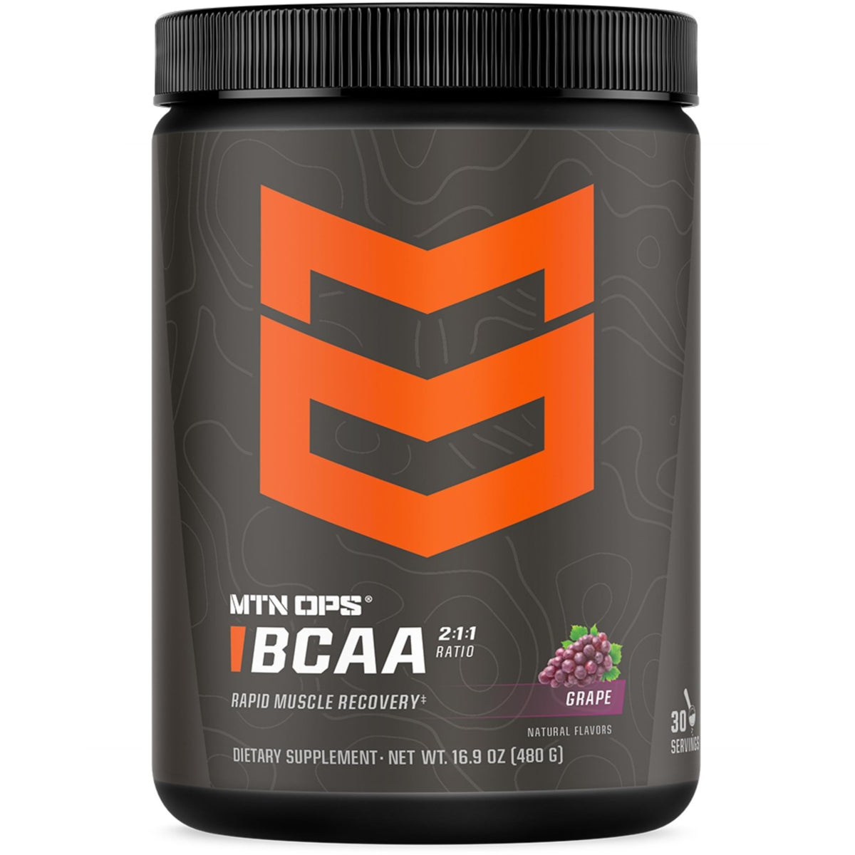 MTN OPS BCAA powder grape bottle closeup for clean, sugar-free recovery support