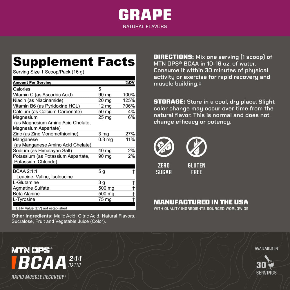 MTN OPS BCAA powder grape glass mix highlights refreshing training drink