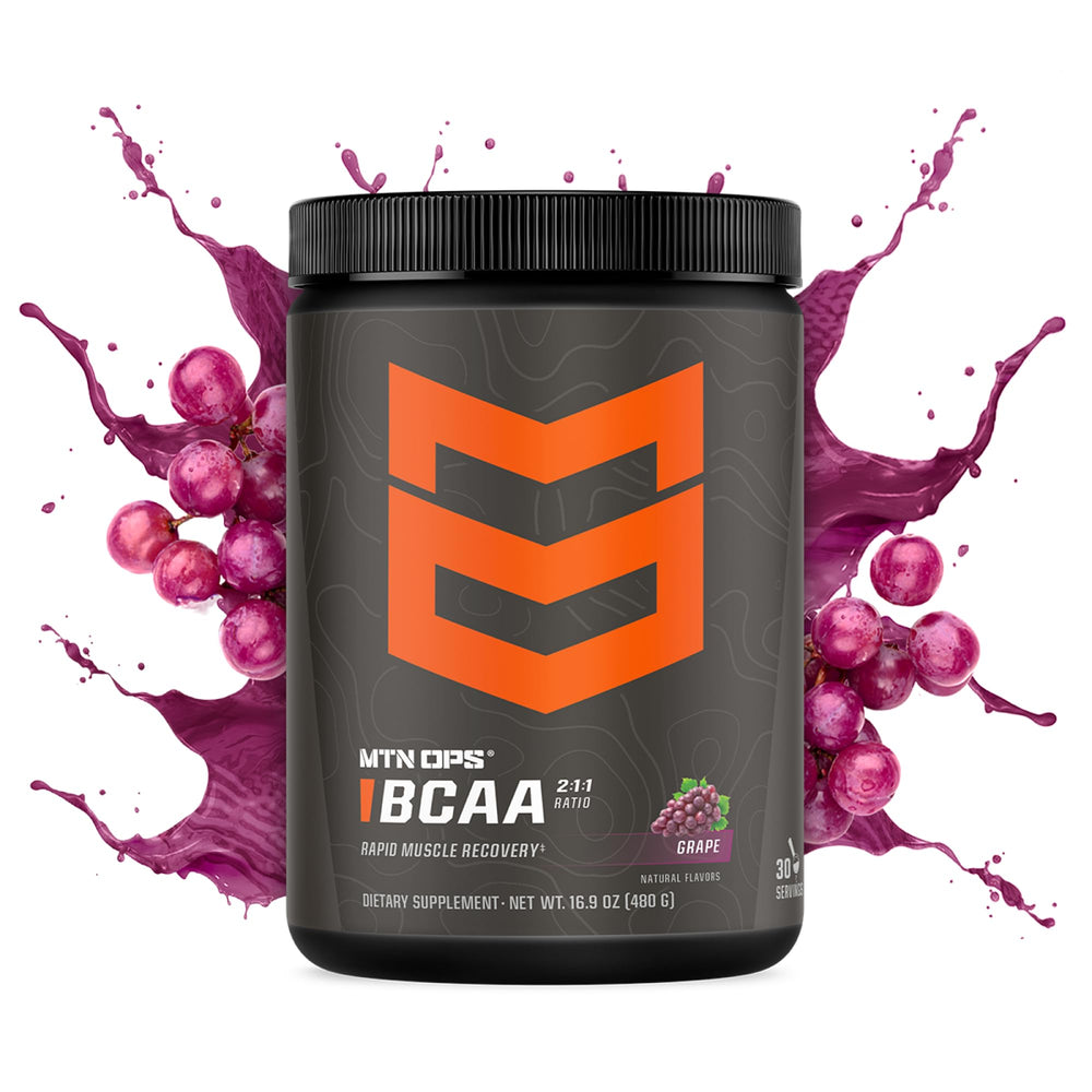 MTN OPS BCAA powder grape scoop in glass shows convenient on-the-go hydration