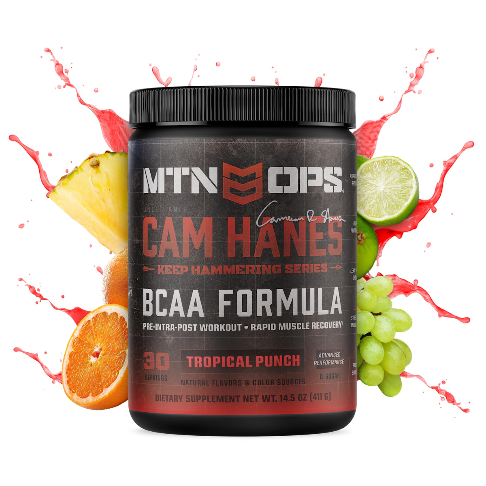 MTN OPS BCAA label closeup emphasizes gluten-free formula and flavor quality.