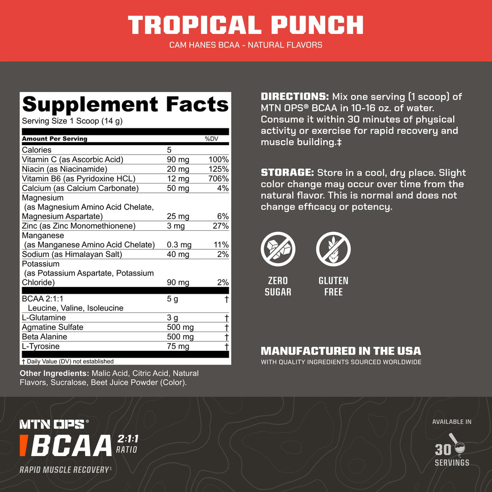 MTN OPS BCAA side-view tub highlights 2:1:1 amino acid balance.