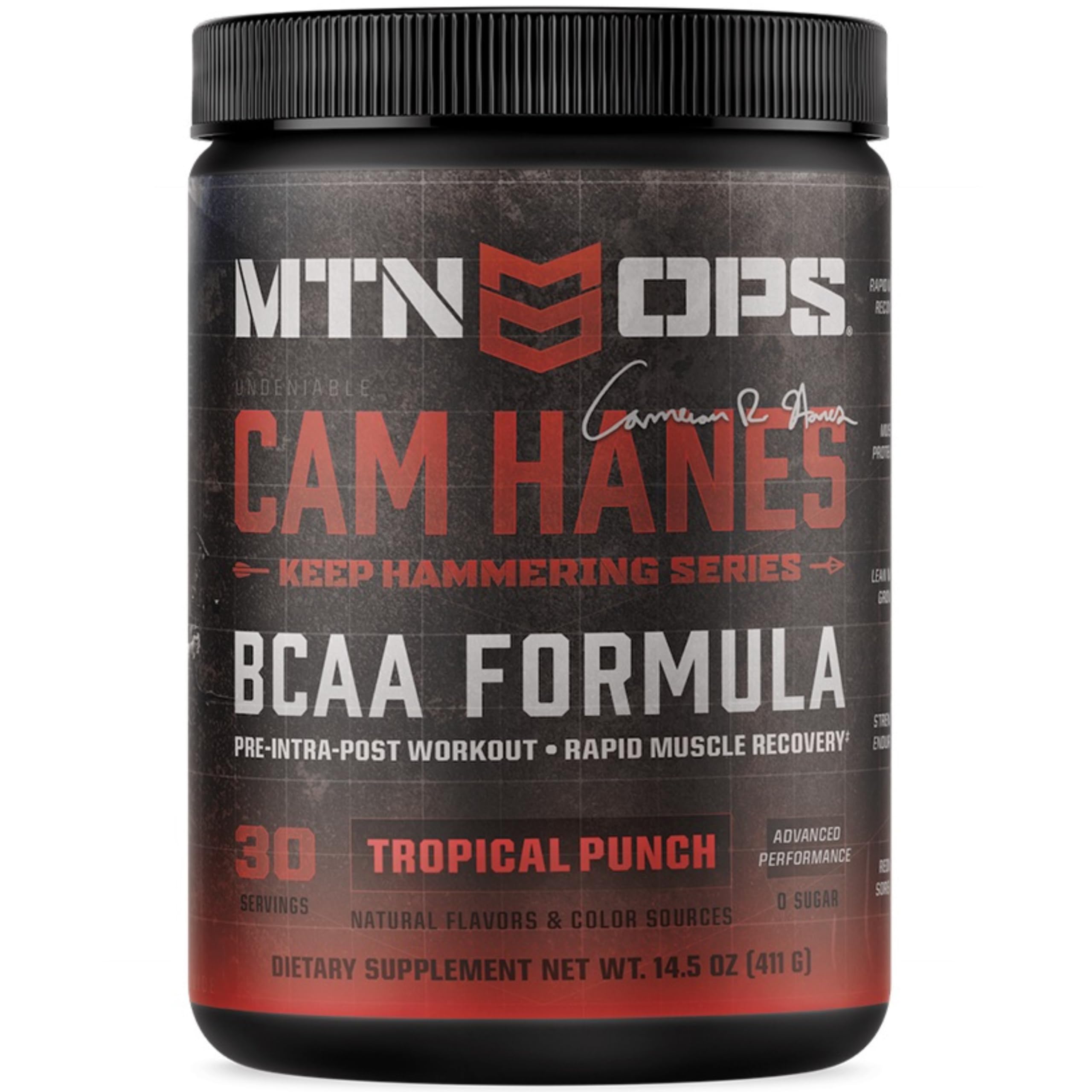 MTN OPS BCAA Tropical Punch tub highlights zero-sugar recovery option.