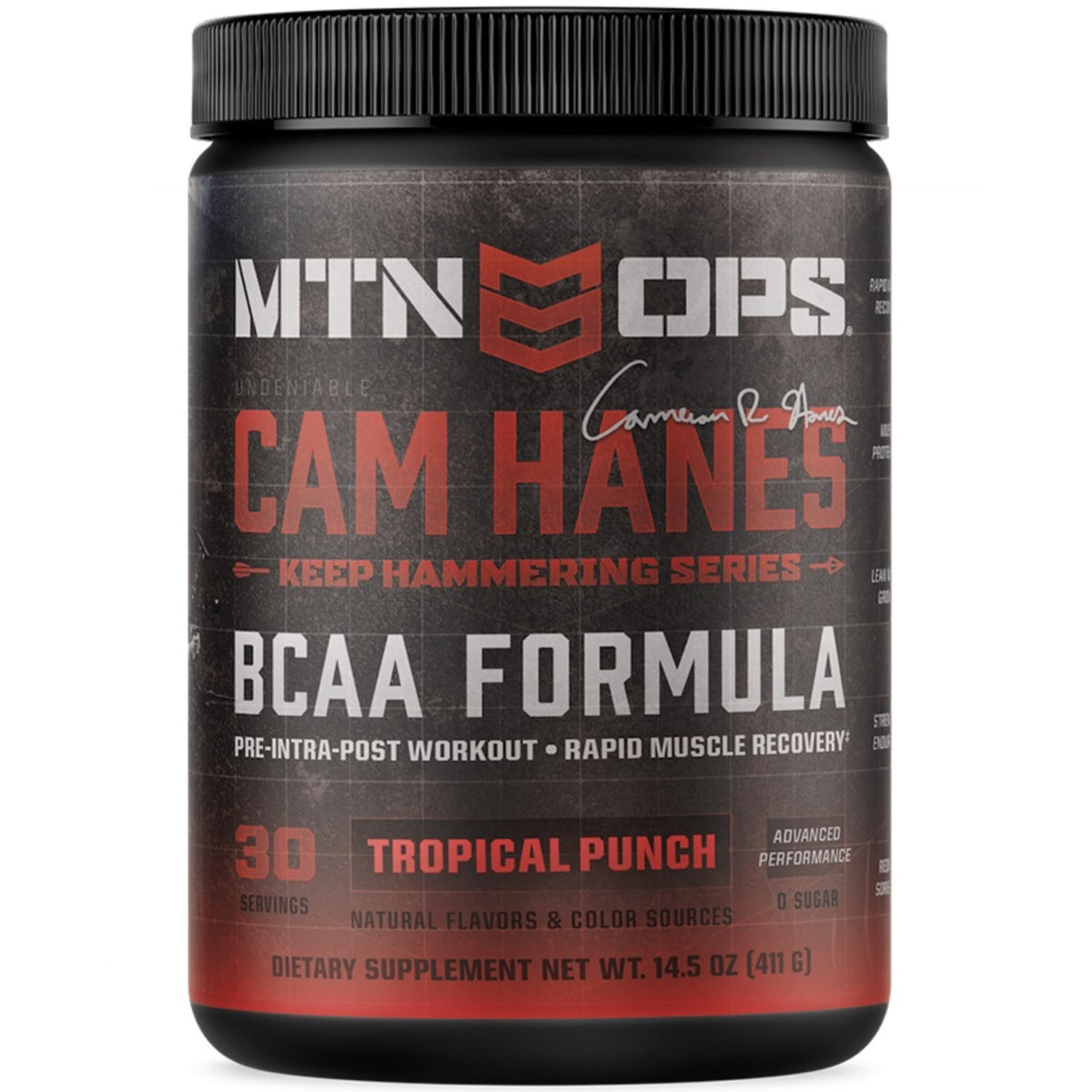 MTN OPS BCAA Tropical Punch tub highlights zero-sugar recovery option.