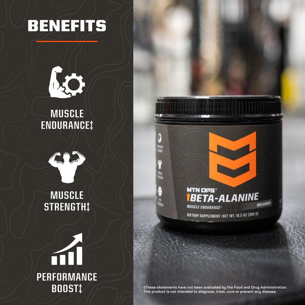MTN OPS Beta Alanine powder label close-up showcasing unflavored formula