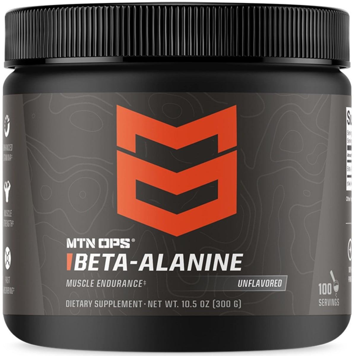 MTN OPS Beta Alanine powder tub highlighting endurance support for workouts