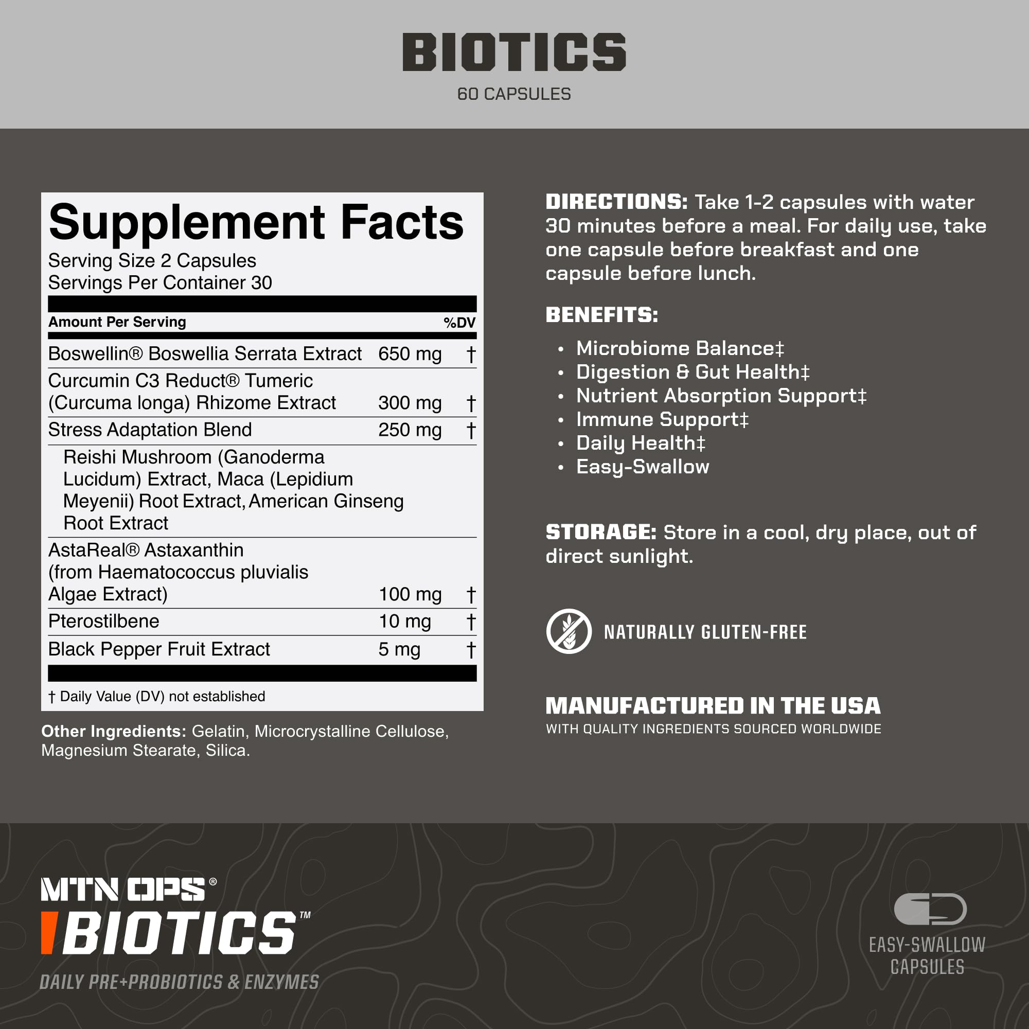 Close-up of MTN OPS Biotics ingredients: maca root, reishi mushroom, and American ginseng