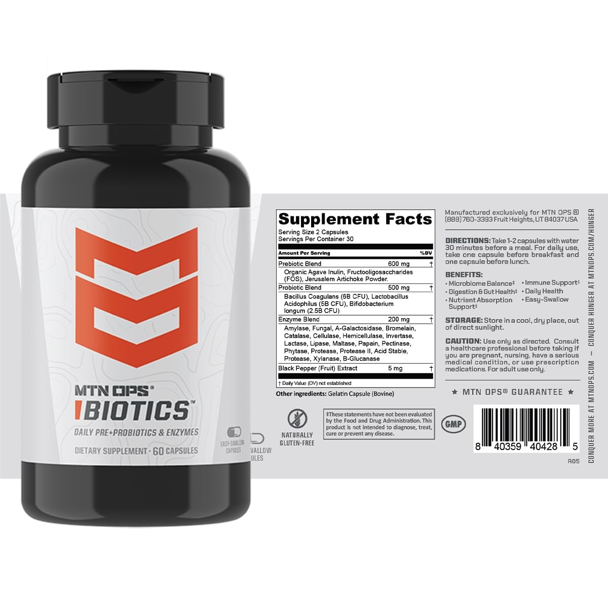 MTN OPS Biotics packaging showing 60 capsules and 30 servings
