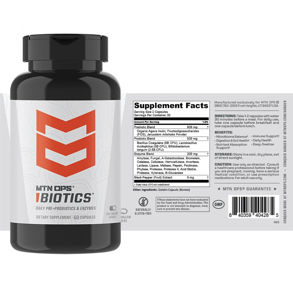 MTN OPS Biotics packaging showing 60 capsules and 30 servings