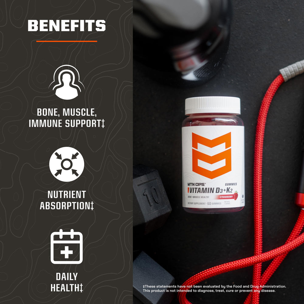 Close-up of MTN OPS D3 K2 Gummies with strawberry flavor