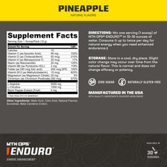 MTN OPS Enduro close-up label highlights gluten-free, caffeine-free formula benefits.