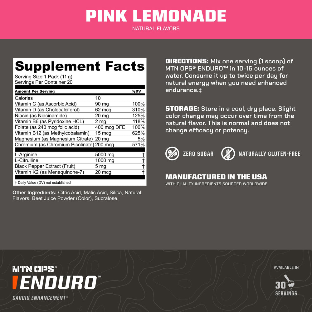 MTN OPS Enduro ingredients chart emphasizing non-caffeinated formula