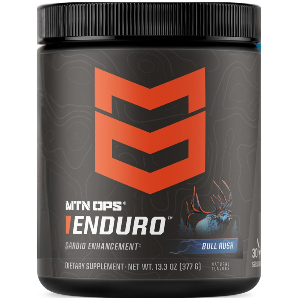 MTN OPS Enduro label close-up highlighting caffeine-free pre-workout features.
