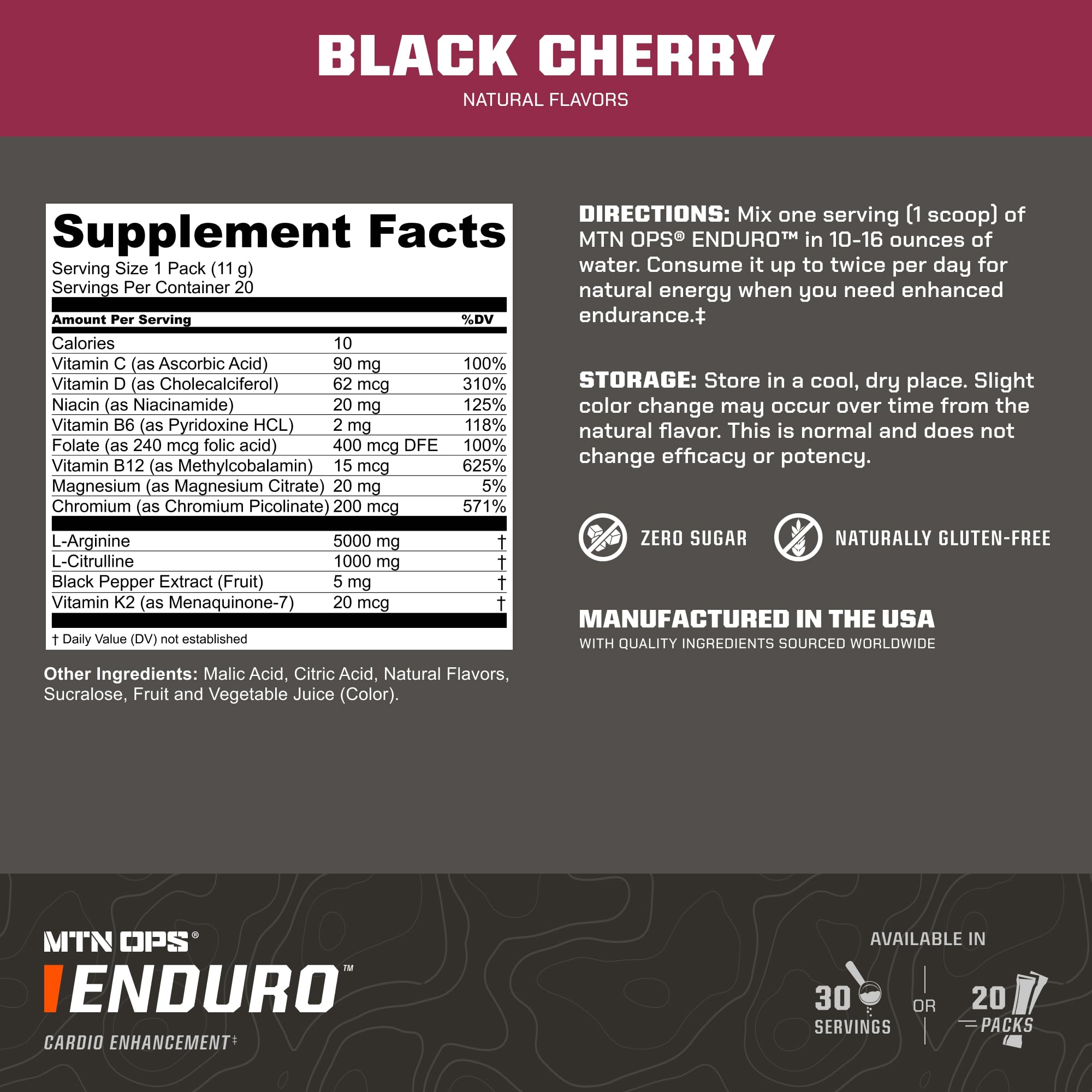 MTN OPS Enduro non-stimulated energy boost bottle offers caffeine-free performance support.