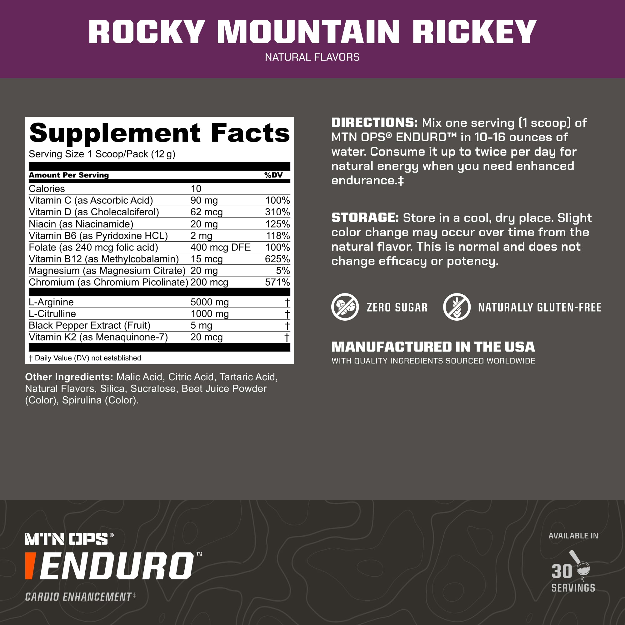 MTN OPS Enduro powder scoop image illustrating quick-dissolve, non-stimulant formula.