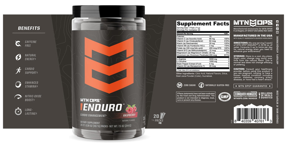 MTN OPS Enduro Raspberry packaging front showcases raspberry flavor and serving size.