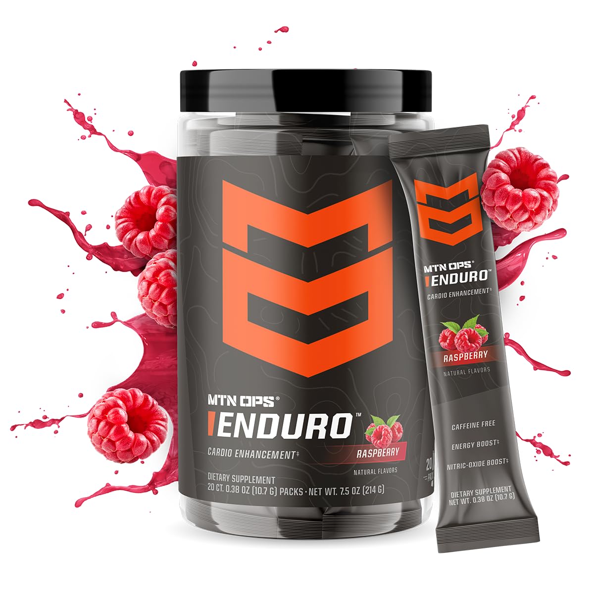 MTN OPS Enduro Raspberry scoop dispense shows precise dosing for hydration-focused sessions.