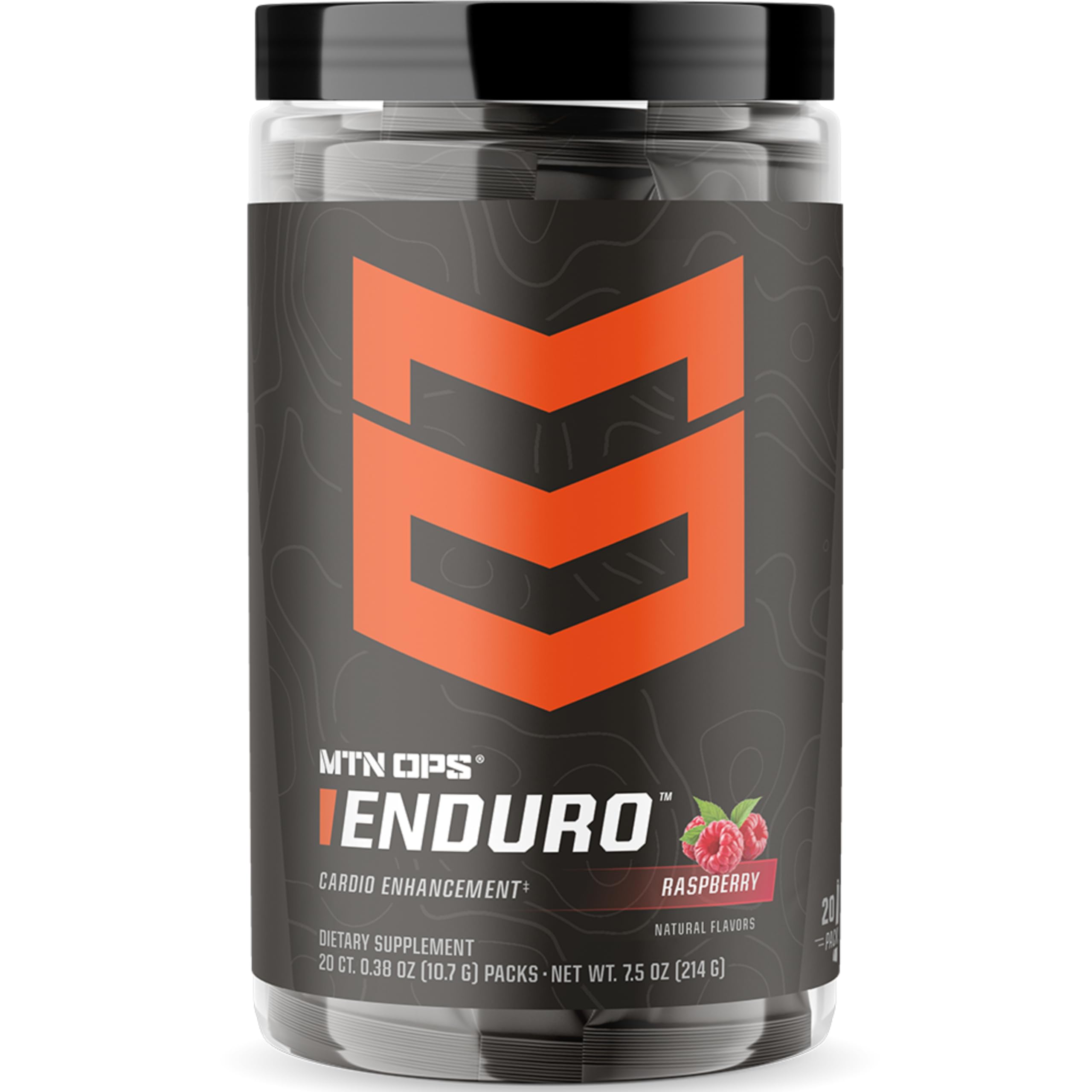 MTN OPS Enduro Raspberry tub label demonstrates stimulant-free energy support for workouts.