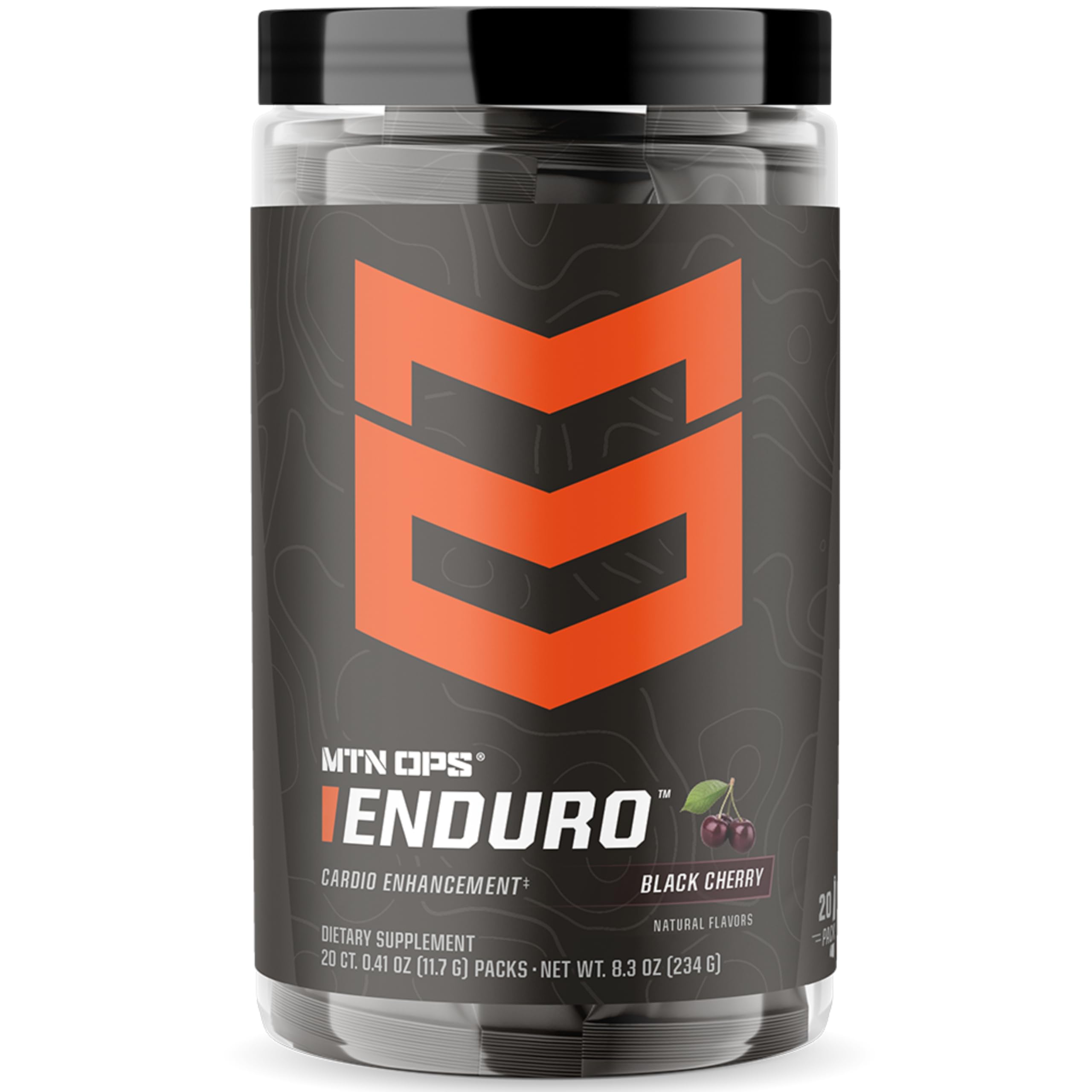 MTN OPS Enduro Trail Packs bottle in black cherry flavor supports non-stimulated endurance.