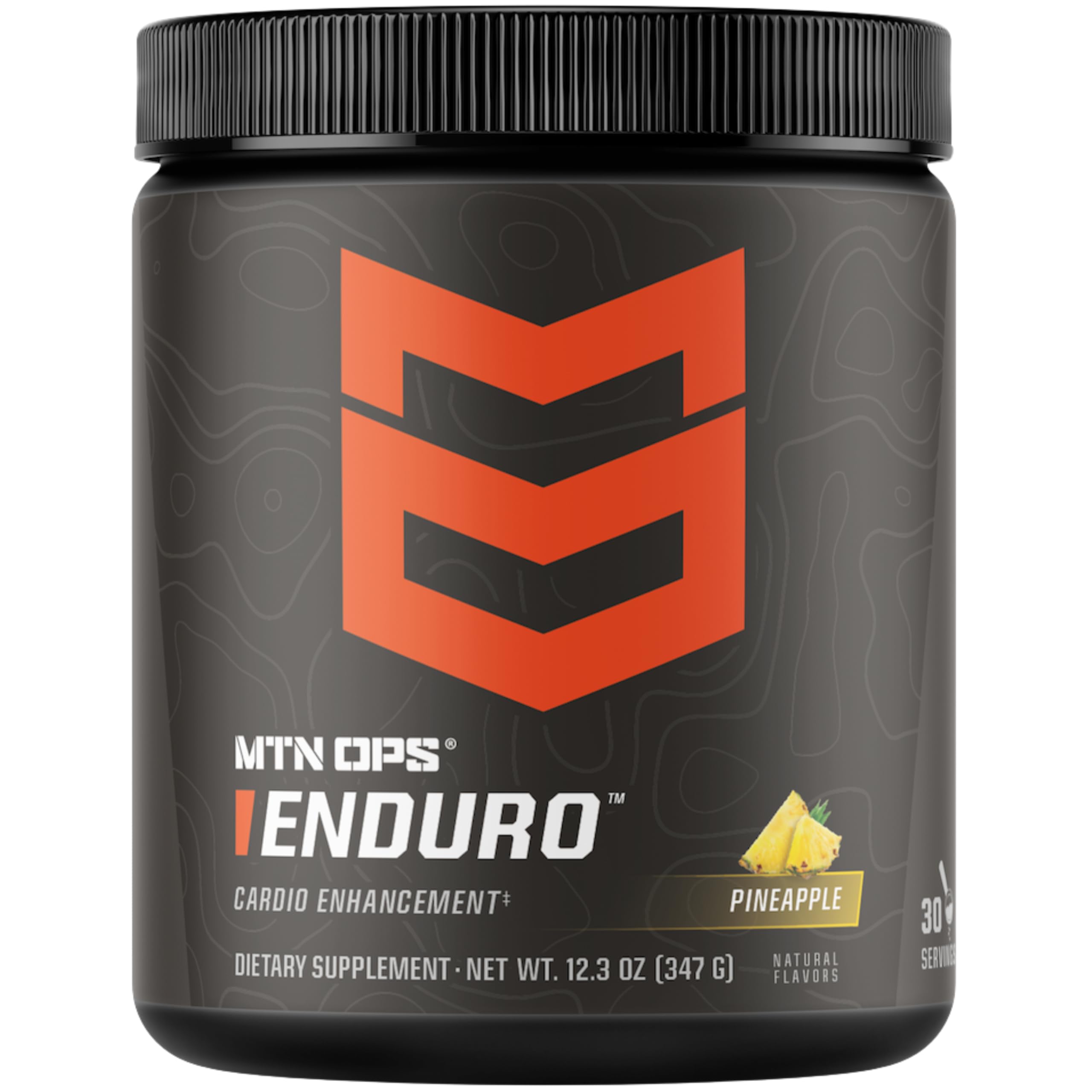 MTN OPS Enduro pineapple-crush tub shows caffeine-free energy support for workouts.