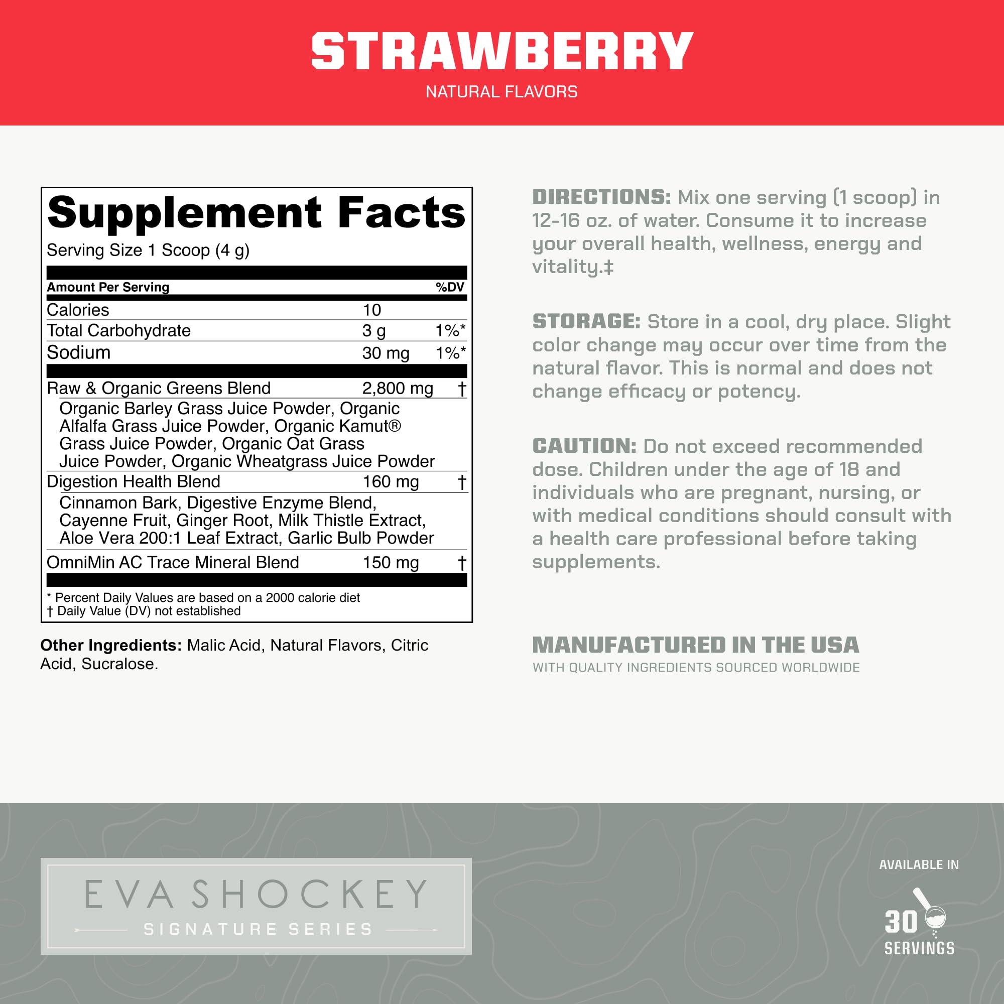 Back of MTN OPS Eva Shockey Super Greens Strawberry box with nutrition facts