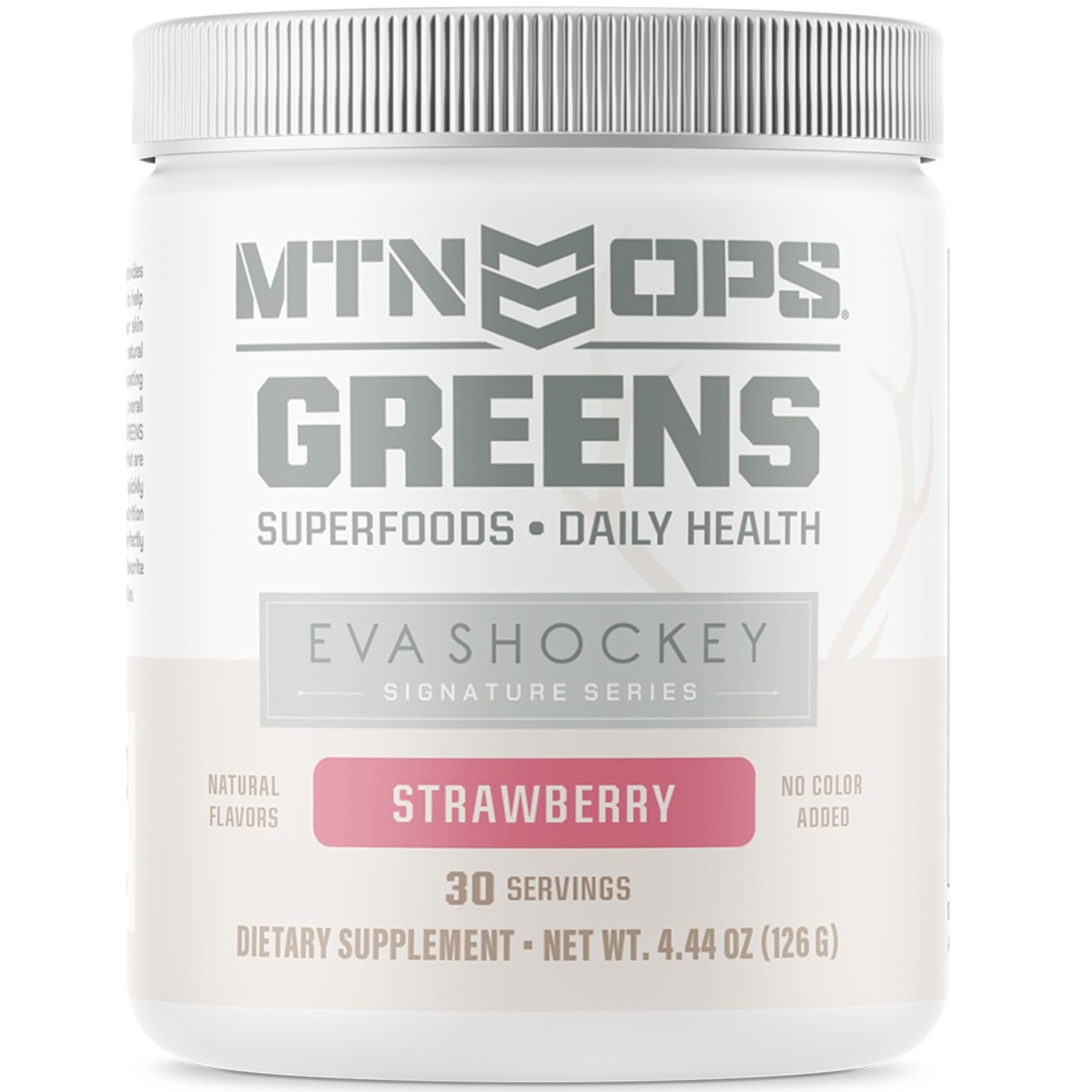 Front packaging of MTN OPS Eva Shockey Signature Series Super Greens Strawberry