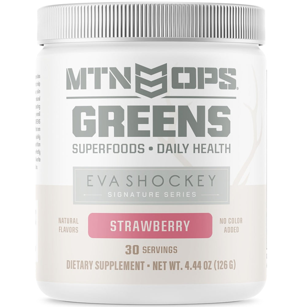 Front packaging of MTN OPS Eva Shockey Signature Series Super Greens Strawberry