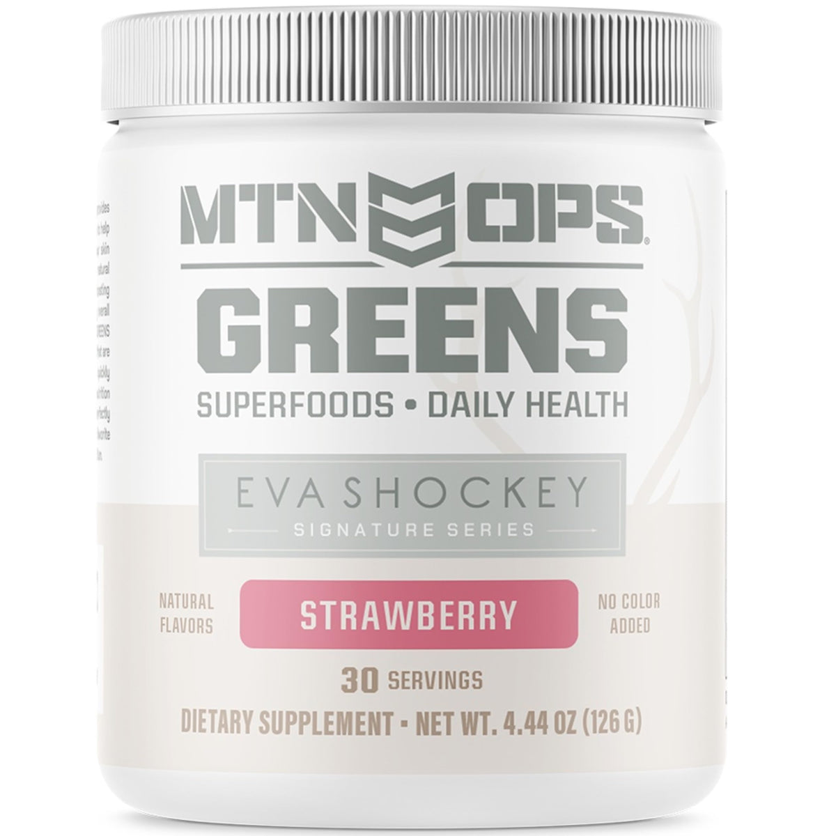 Front packaging of MTN OPS Eva Shockey Signature Series Super Greens Strawberry
